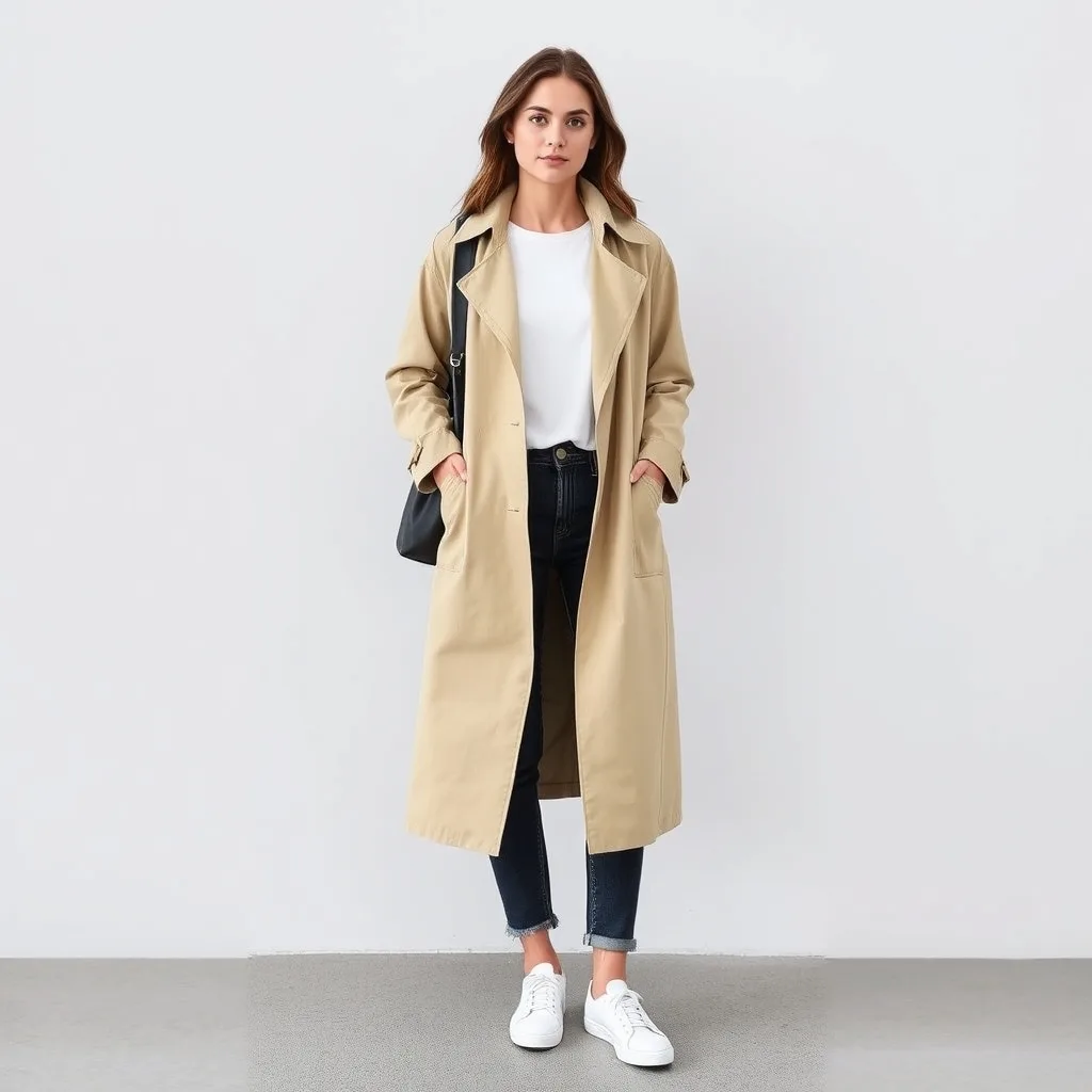 A person stands in a city street wearing a classic trench coat over a simple white tee and dark jeans, completed with clean white sneakers for a timeless and practical minimalist look.