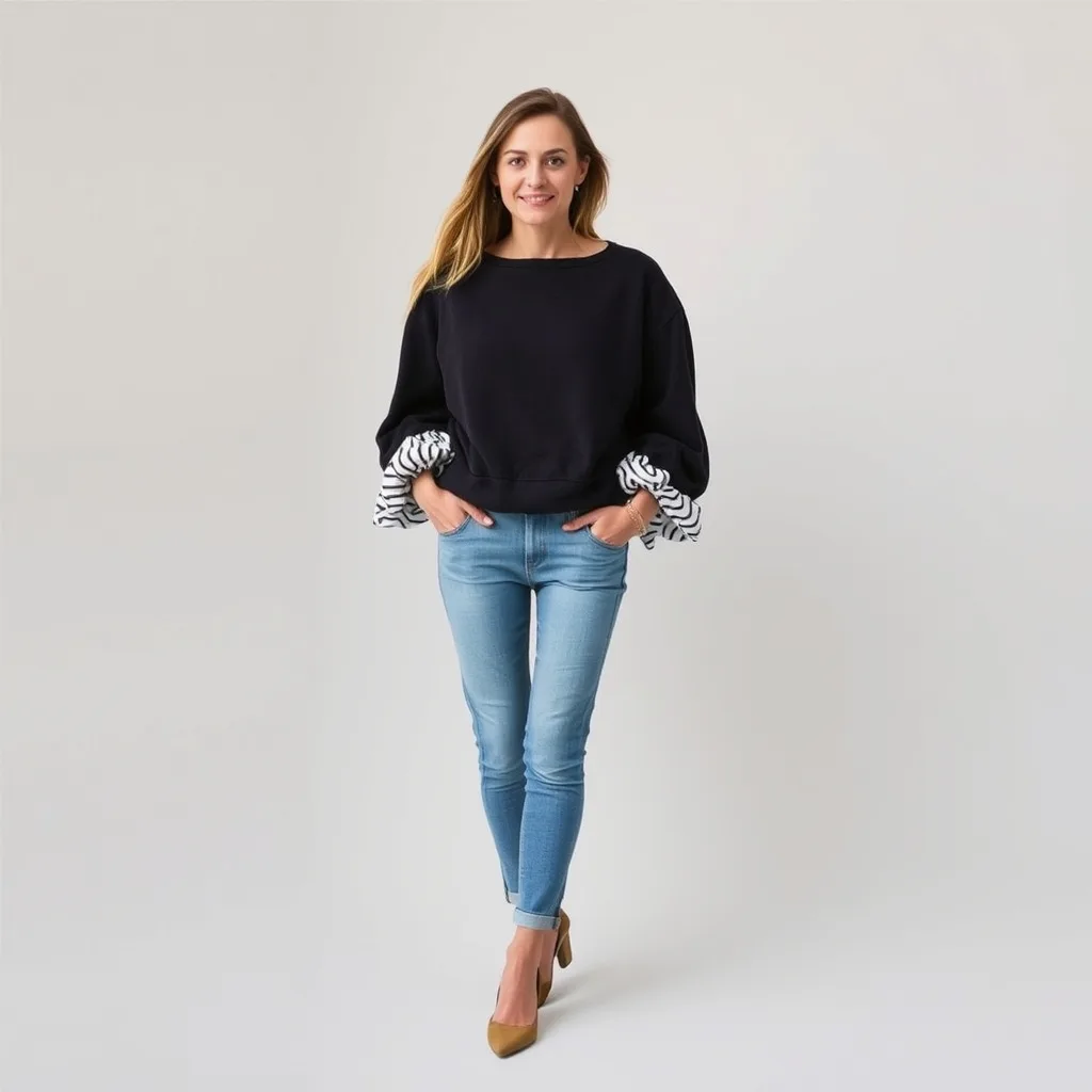 A sweatshirt updated with voluminous sleeves, showing a mix of textures and a modern silhouette.