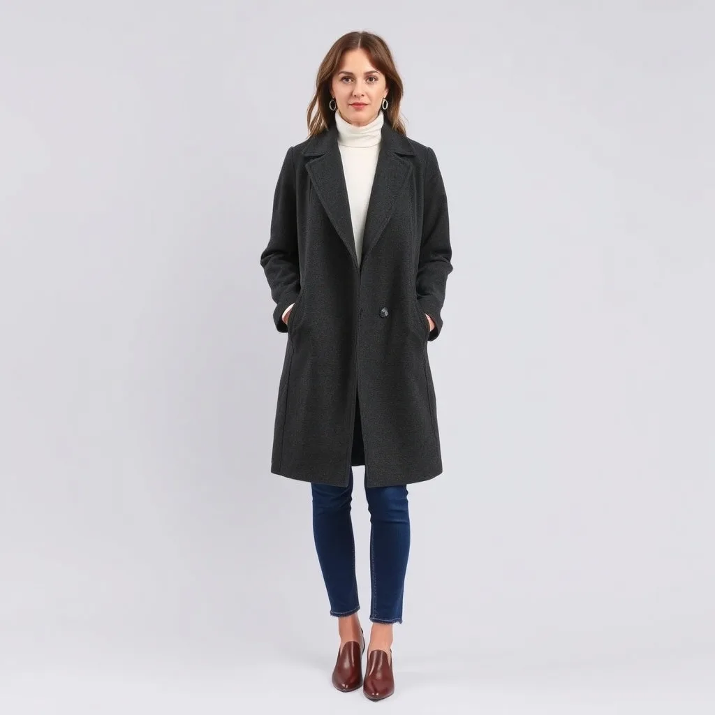 A coat with the collar removed to create a clean and modern neckline, styled with a scarf, showing a minimalist aesthetic.