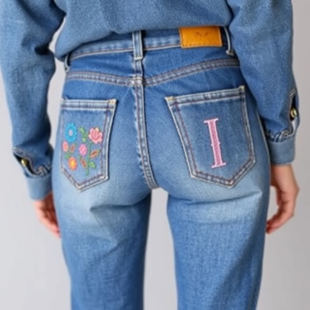 A pair of jeans featuring hand embroidered details on the back pocket, showing a personal and artistic touch.
