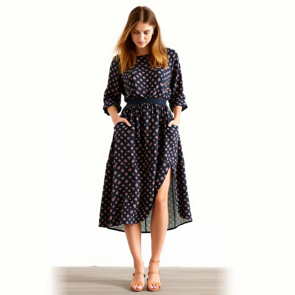 A floral midi skirt that hits mid calf, styled with a simple tank top, showcasing the movement of the fabric and the updated hem length.