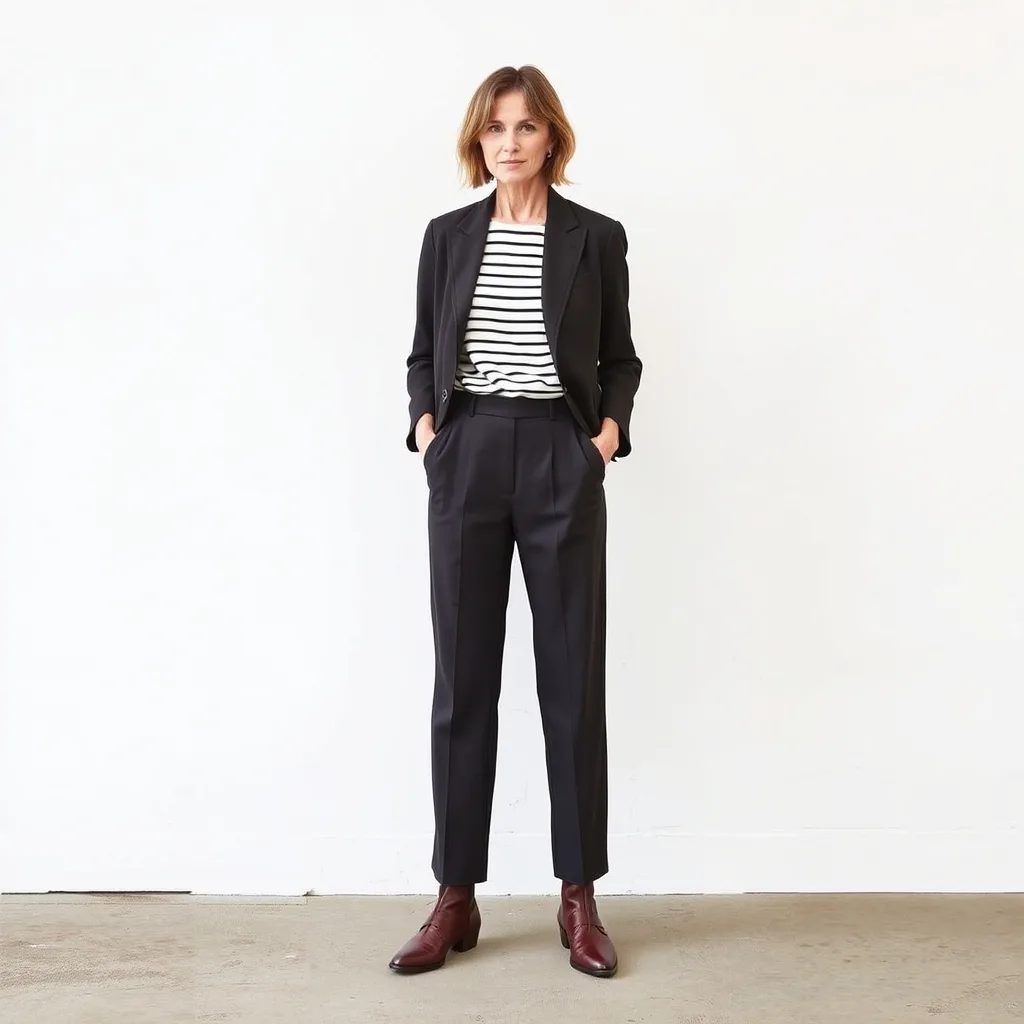 Tapered trousers that have been slimmed down from a wider vintage fit, styled with loafers, showing a tailored and clean silhouette.