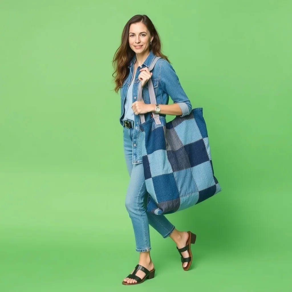 A durable tote bag constructed from squares of various denim washes, showing a creative and functional use of scrap fabric.