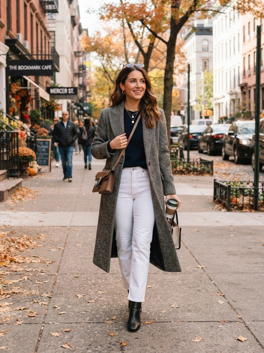 An individual wearing a long herringbone wool coat over white jeans and a navy sweater, showcasing a classic and sophisticated fall ensemble.