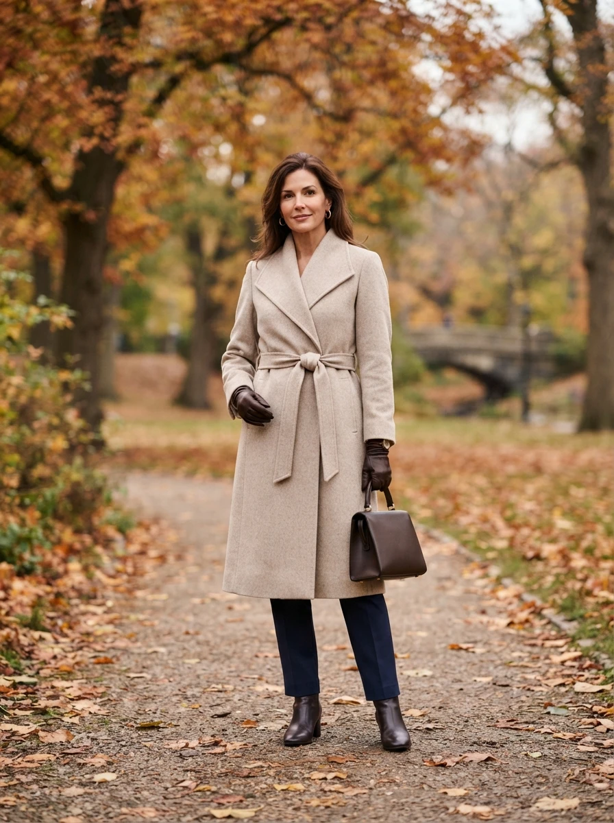 A woman wearing a belted wool wrap coat over trousers, accessorized with leather gloves for a warm and elegant autumn look.