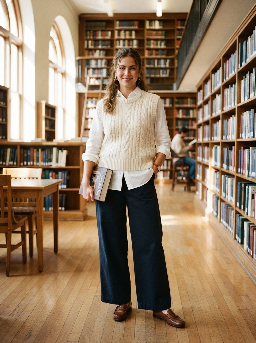 An individual styled in a cable knit vest over a white shirt, paired with wide leg trousers for a classic and comfortable autumn outfit.