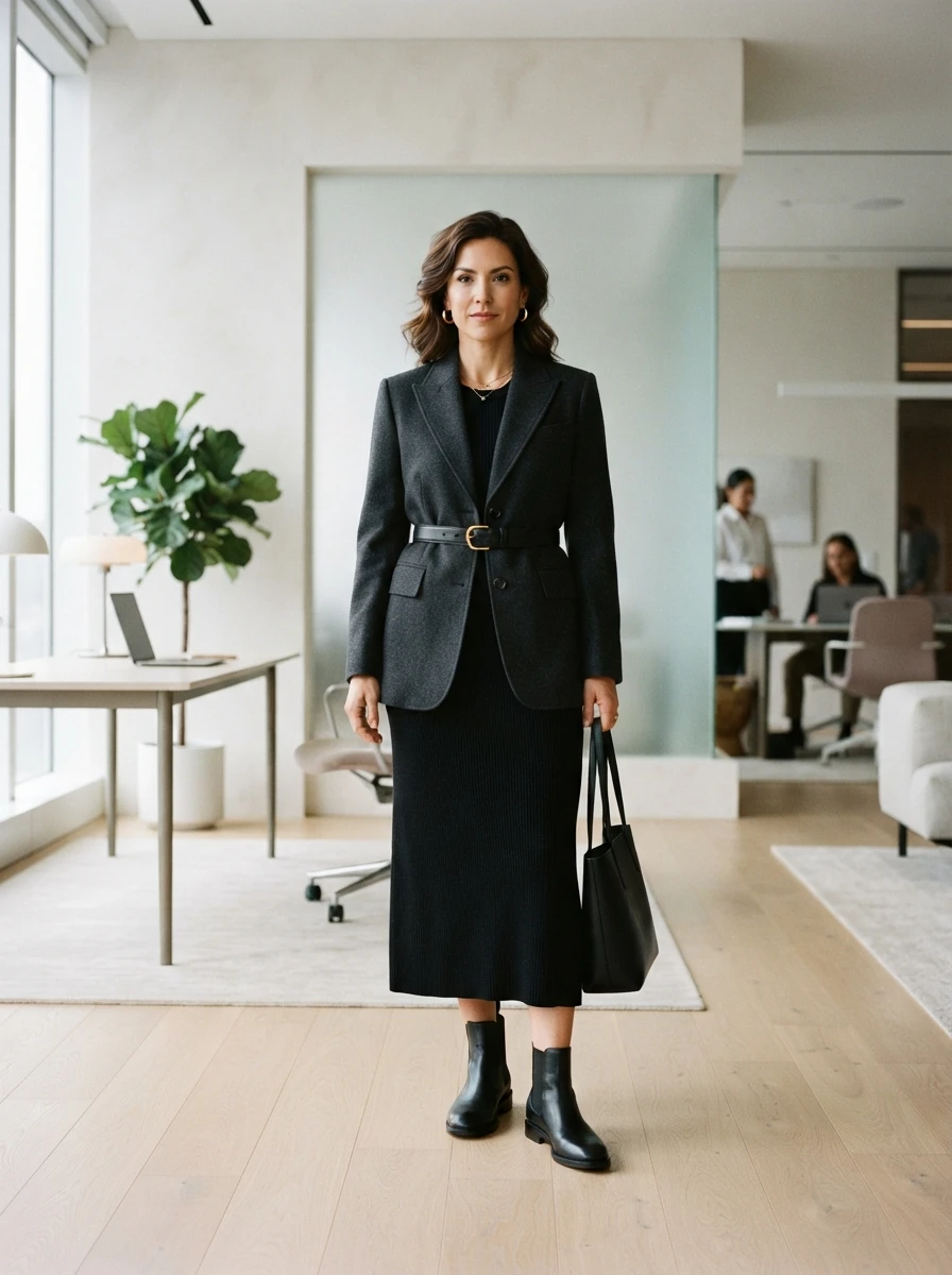 A woman dressed in a structured wool blazer worn over a midi knit dress, accessorized with a belt for a sharp and defined silhouette.