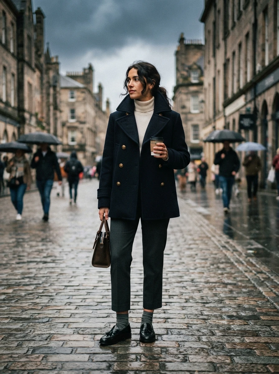 An individual wearing a classic navy peacoat and cropped trousers, paired with loafers for a timeless and functional autumn ensemble.
