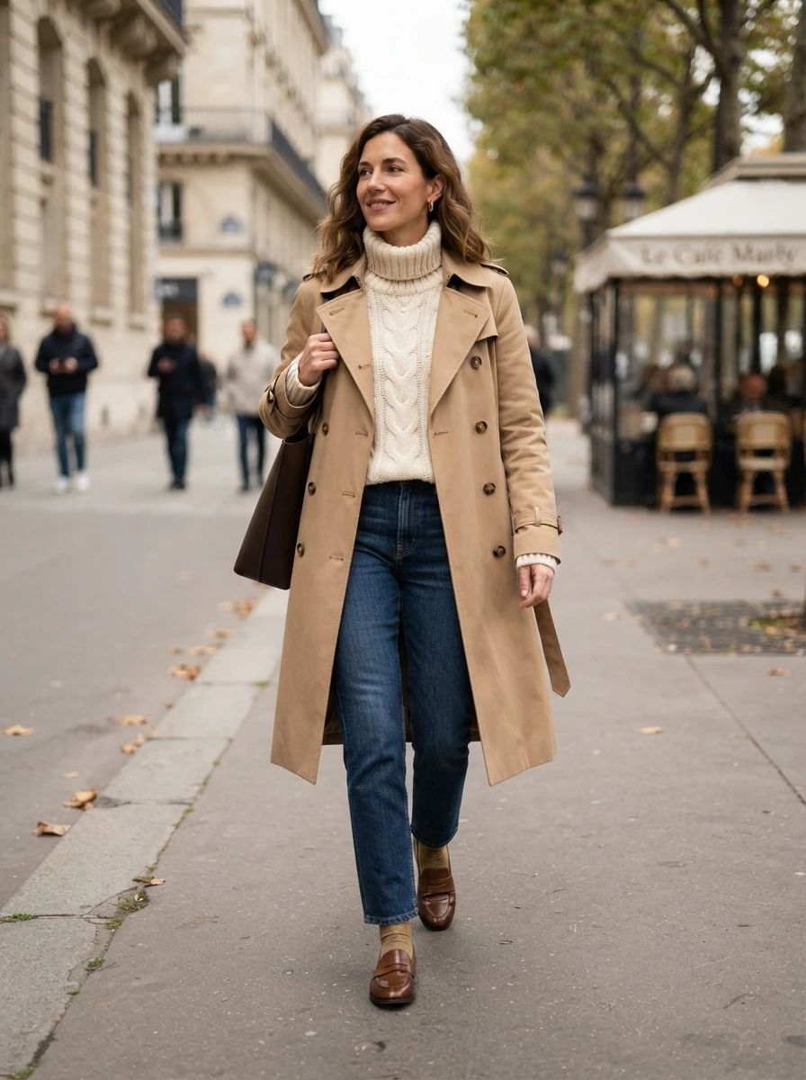An individual wearing a long camel trench coat layered over a thick cream cable knit sweater, paired with denim for a classic fall look.