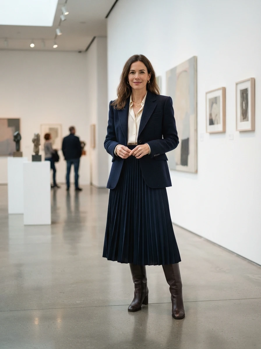 A woman dressed in a navy blazer and a pleated midi skirt, paired with tall leather boots for a sophisticated autumn aesthetic.