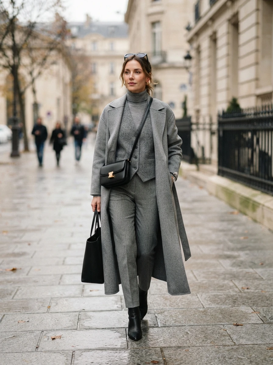 An individual styled in a monochrome grey outfit featuring a vest, trousers, and a long coat, creating a cohesive and polished appearance.