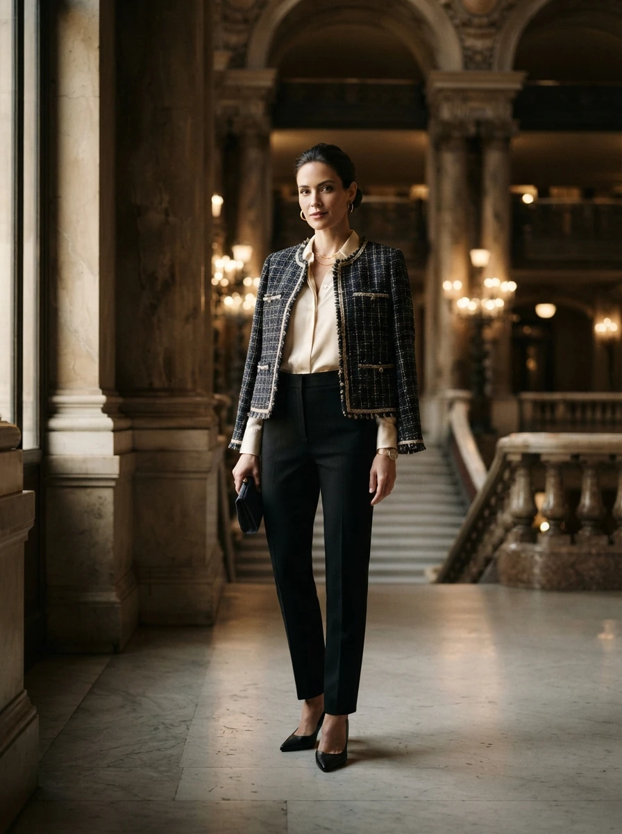 A woman wearing a textured tweed jacket over a smooth silk blouse, paired with dark trousers for a refined and elegant look.