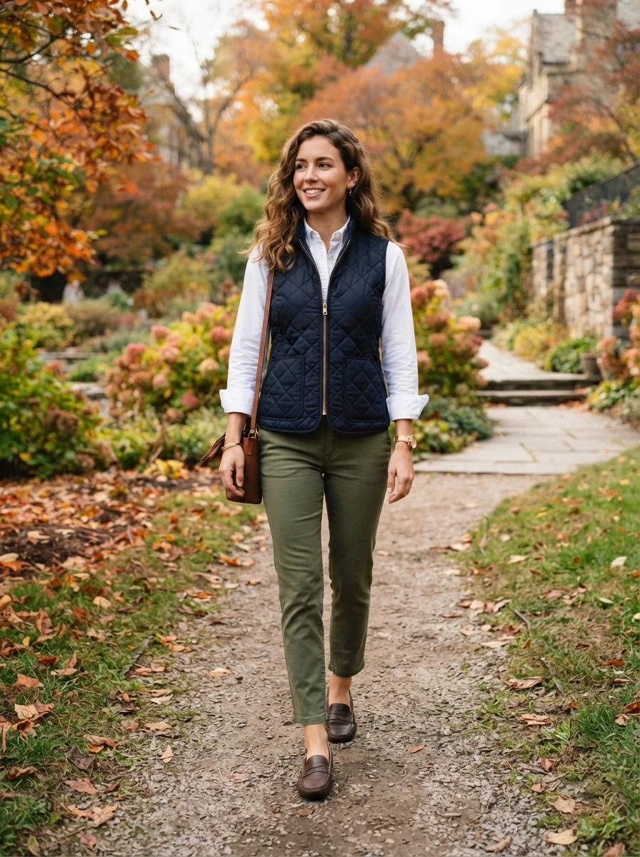 An individual wearing a navy quilted vest over a white button down shirt, paired with chinos for a comfortable and classic outdoor style.