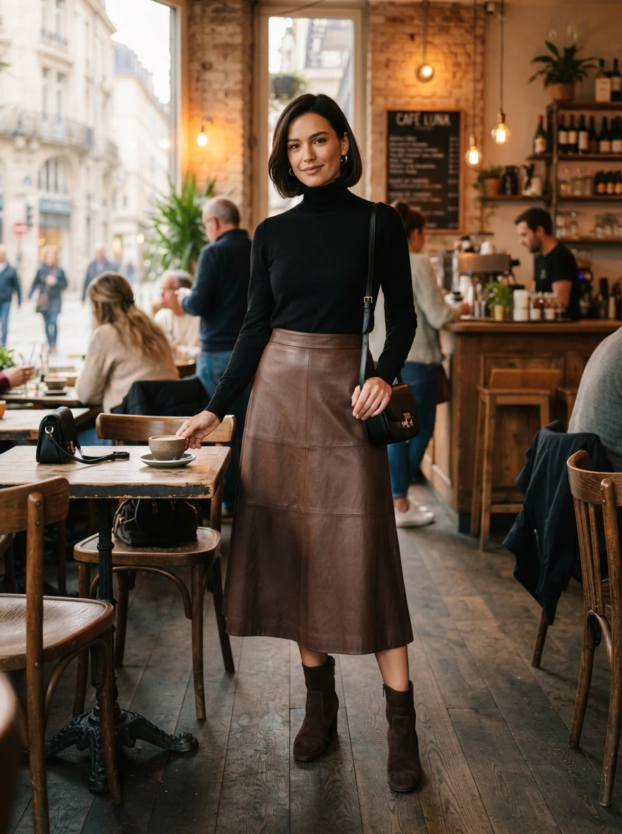 A woman dressed in a brown leather midi skirt and a fitted black turtleneck, creating a sophisticated and textured autumn outfit.