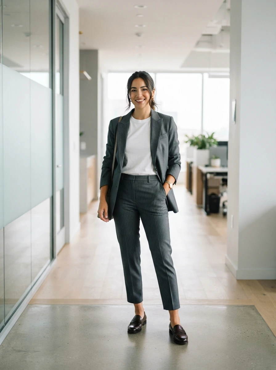 An individual wearing a tailored pinstripe suit paired with casual loafers, offering a relaxed yet professional look for fall.