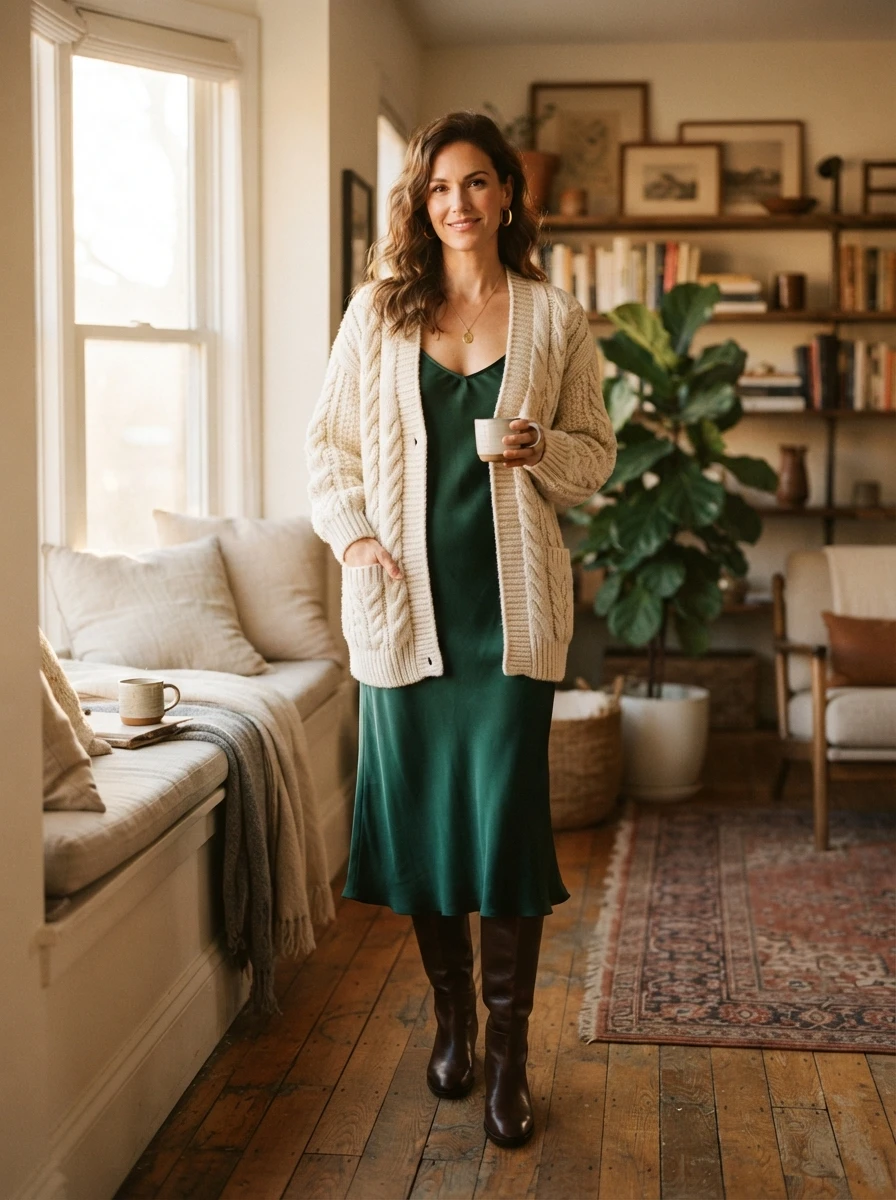 A woman wearing a thick cable knit cardigan over a delicate silk slip dress, paired with tall boots for a stylish layered look.