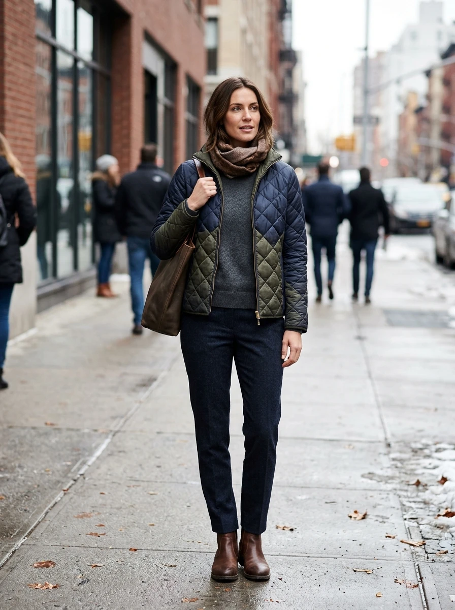 A woman wearing a quilted jacket, a crewneck sweater, and tailored trousers, standing on a city sidewalk during winter.