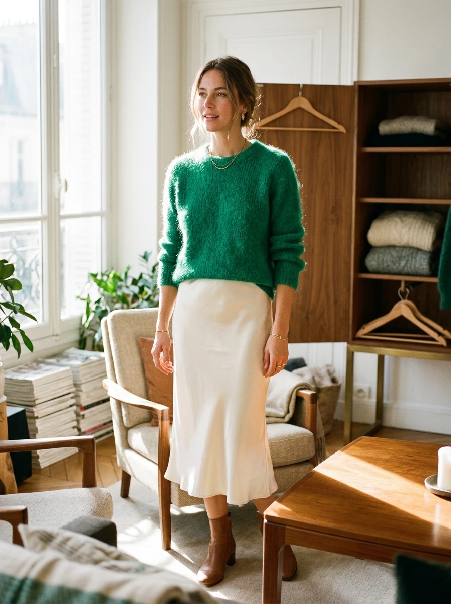 A woman wearing a fuzzy mohair sweater and a satin midi skirt, standing in a sunlit room during winter.
