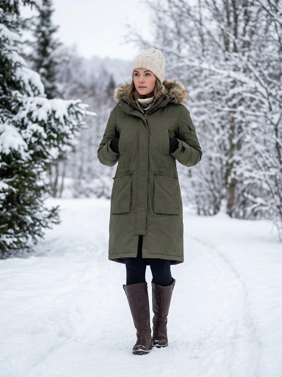 A woman wearing a long winter parka, leggings, and tall boots, standing in a snow covered park during winter.