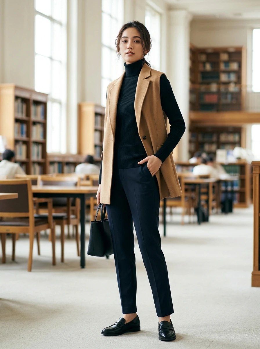 A woman wearing a sleeveless vest over a turtleneck and trousers, standing in a bright library setting.