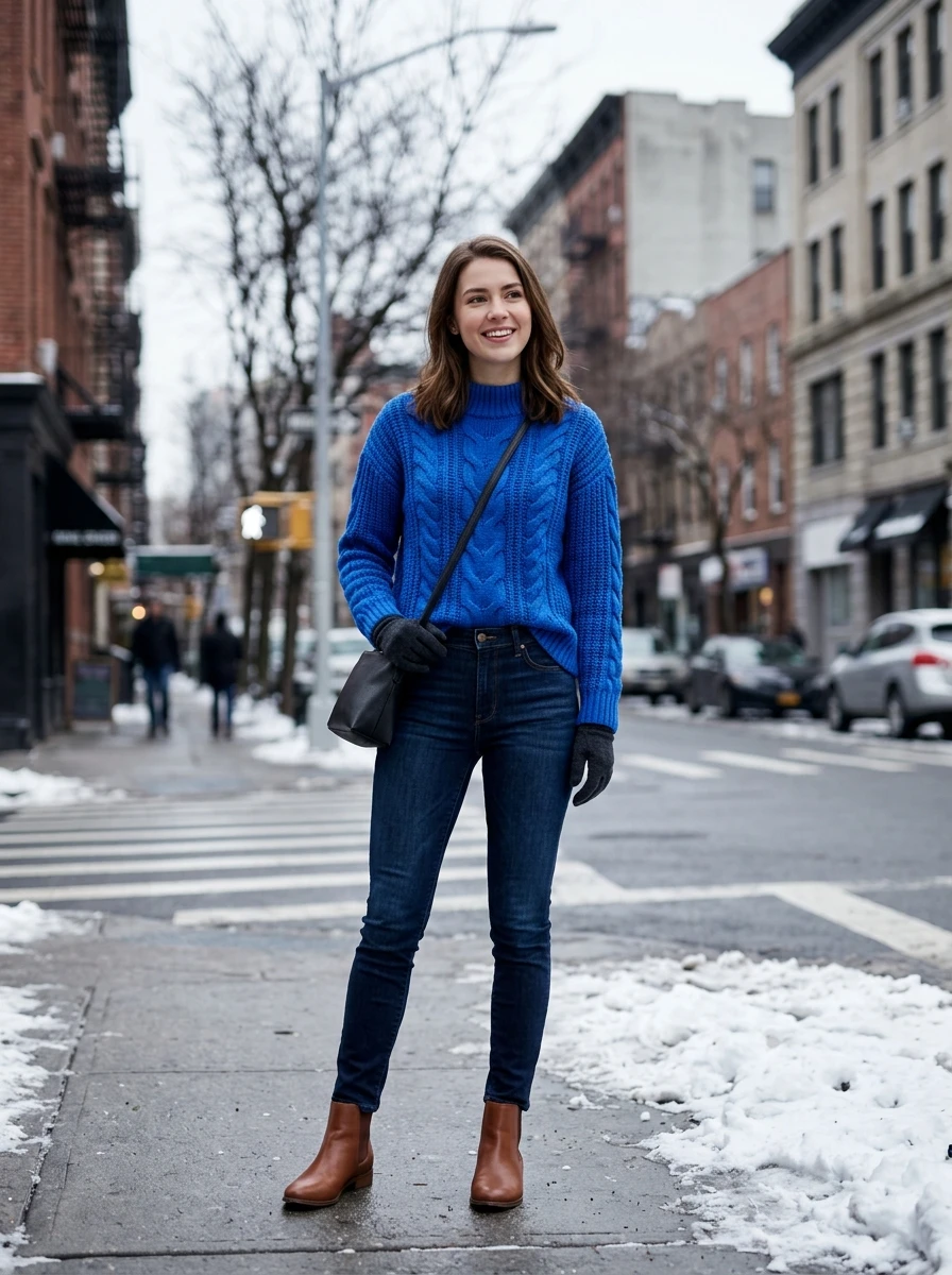 A woman wearing a bright blue knit sweater and dark jeans, standing on a street corner during winter.