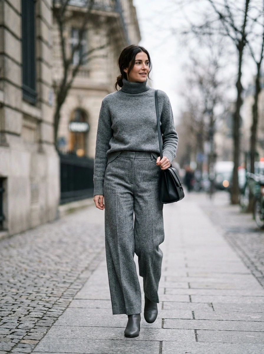 A woman dressed in a matching gray wool turtleneck and wide leg trousers, standing on a city street during winter, showcasing a clean monochromatic aesthetic.