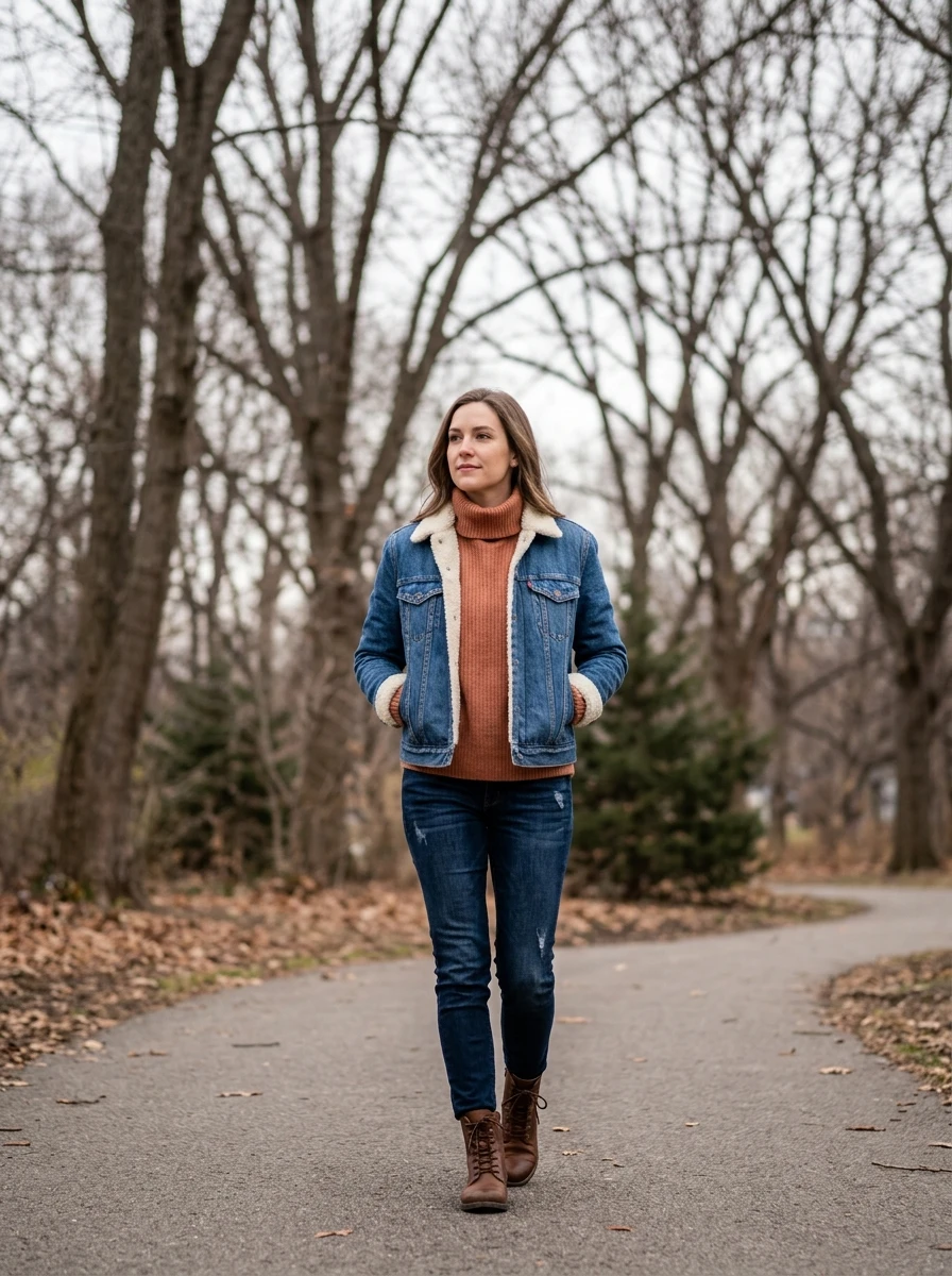 A woman wearing a thick fleece lined denim jacket and a soft ribbed turtleneck, photographed in a park setting during winter.