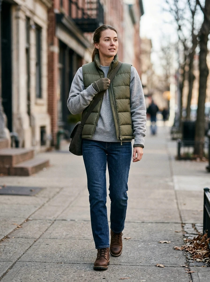 A woman wearing a neutral puffer vest over a thick sweatshirt and jeans, standing on a sidewalk during a clear winter day.