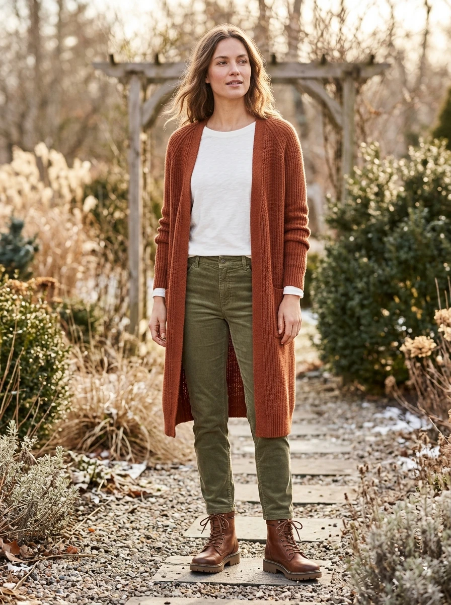 A woman wearing a long rust colored cardigan, white long sleeve tee, and olive corduroy pants, standing in a garden setting with soft winter light.