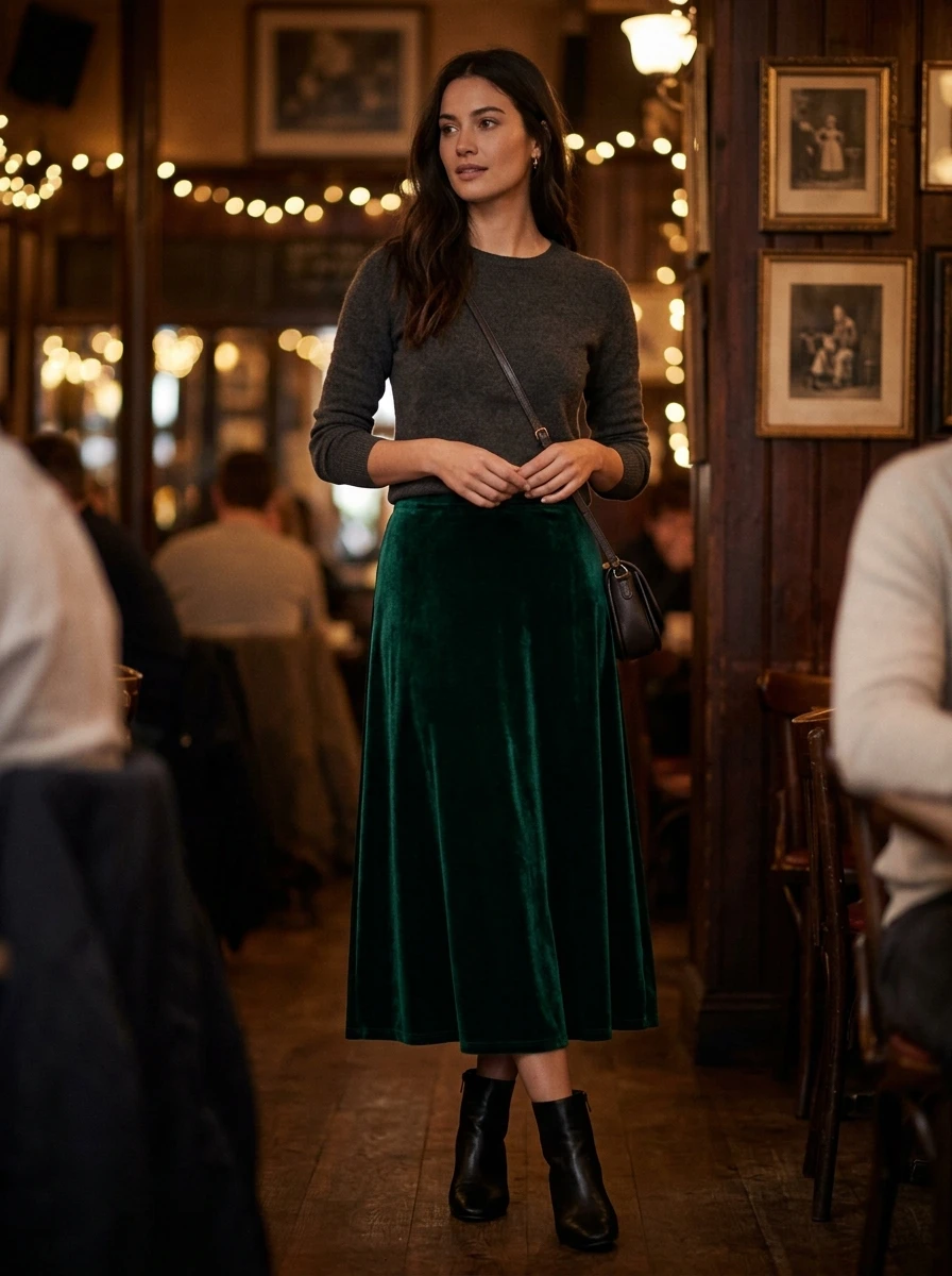 A woman wearing a dark velvet midi skirt and a fitted cashmere sweater, standing in a cozy cafe setting during winter.
