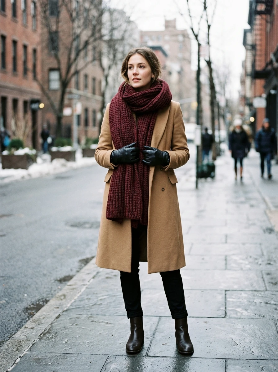 A woman wearing a camel wool coat and a large burgundy scarf, standing on a city street during a cold winter day.