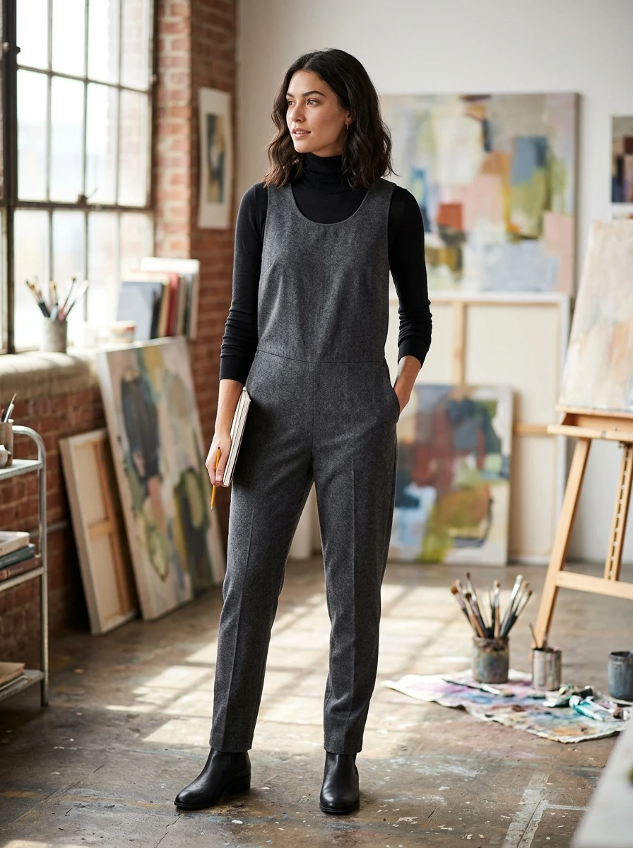 A woman wearing a fitted black turtleneck under a wool jumpsuit, standing in an art studio with natural window light.