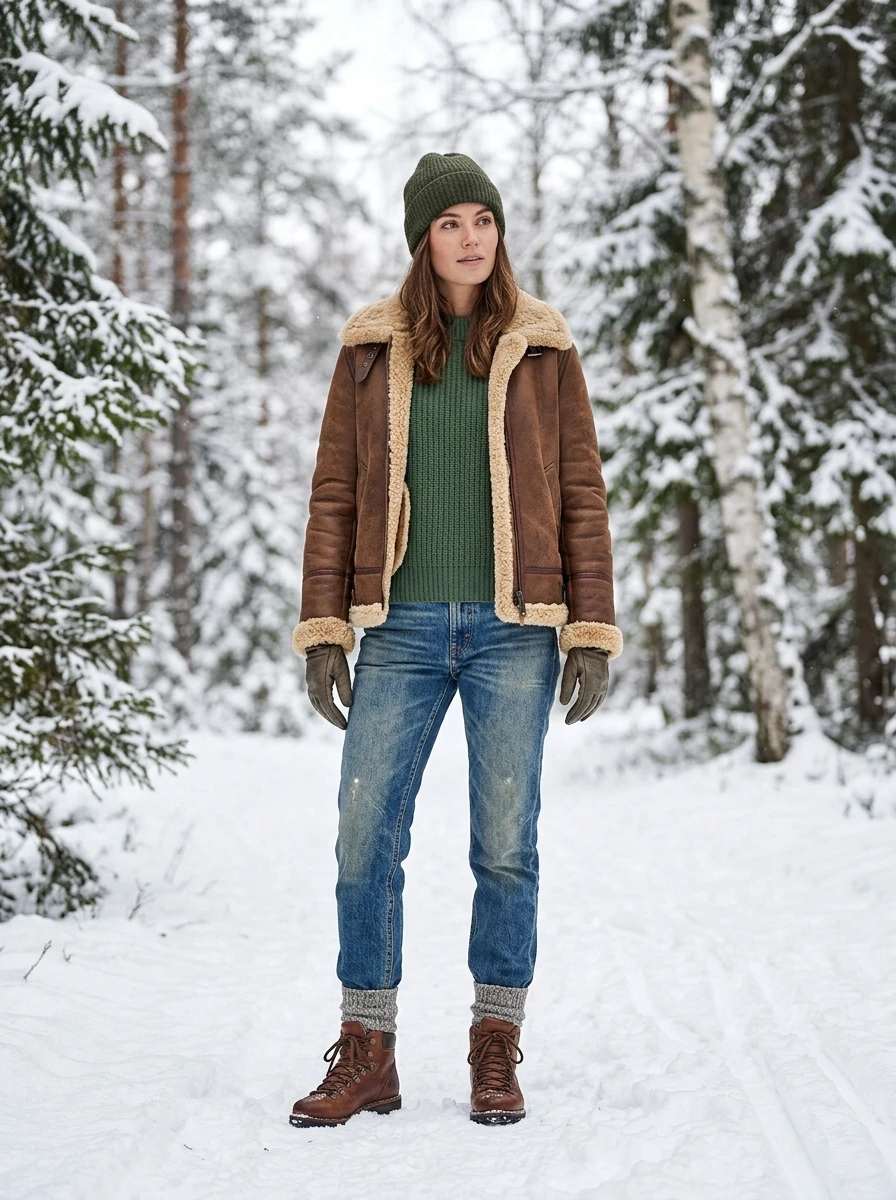 A woman wearing a shearling lined jacket and straight leg jeans, standing in a forest clearing during winter.