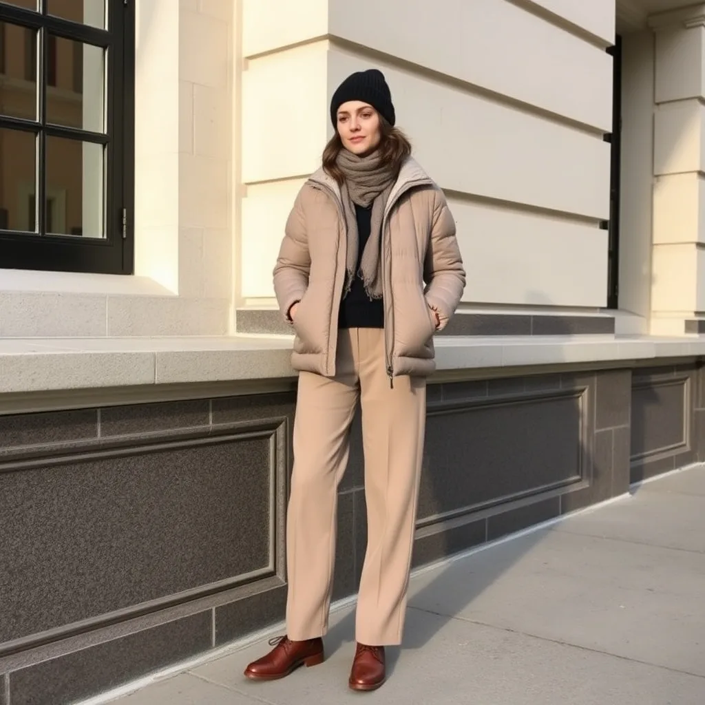 The student wears a functional quilted jacket over straight leg trousers. The look is clean and practical for a busy day of classes and studio work.