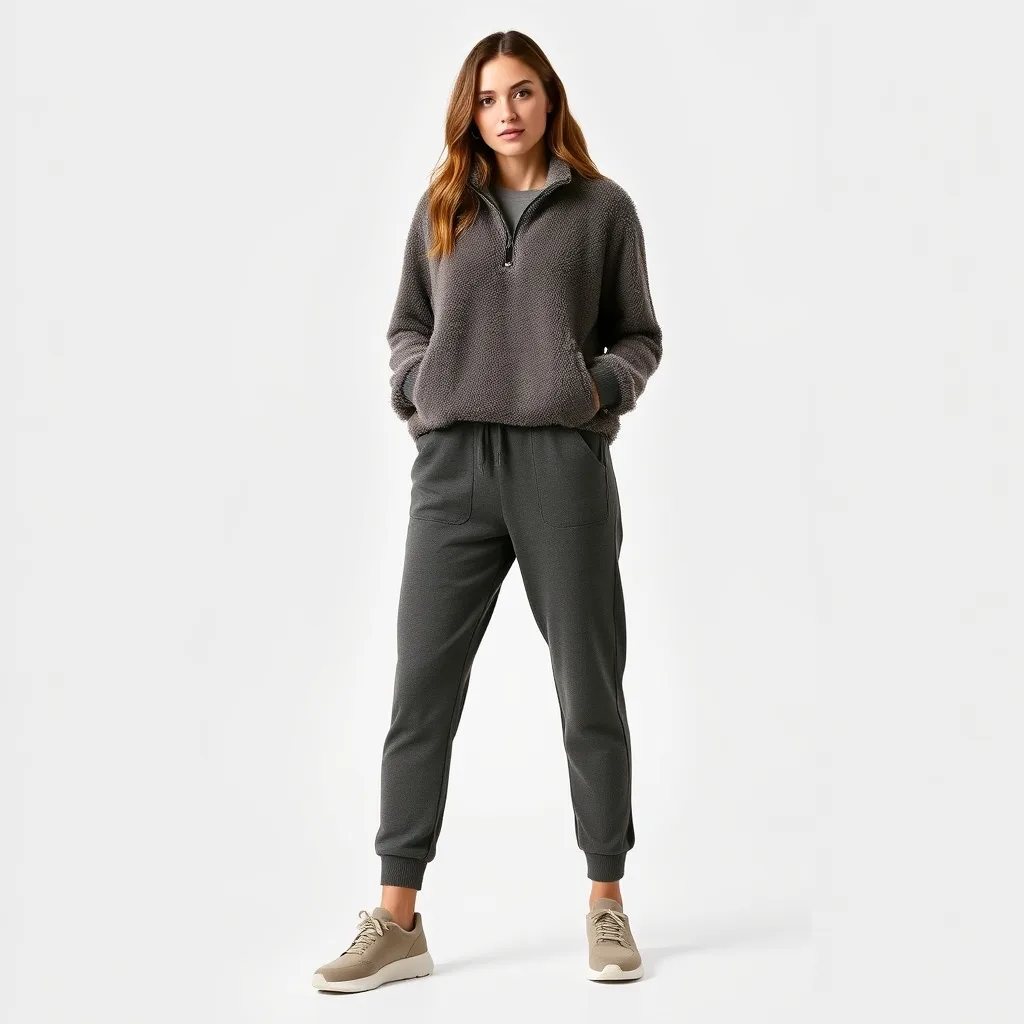 A woman wears a soft sherpa fleece pullover and comfortable joggers. The outfit is designed for maximum relaxation during long study sessions.