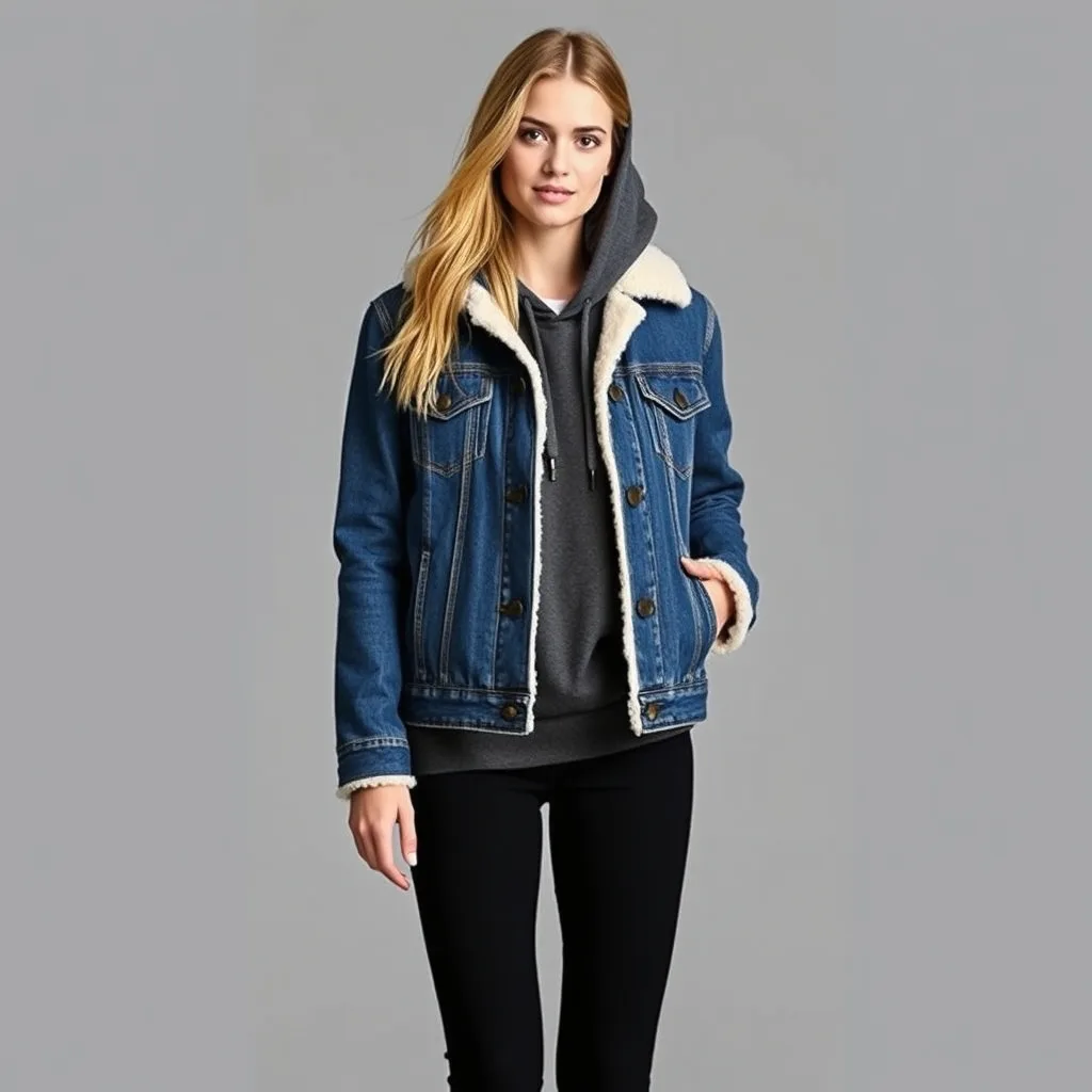 The subject wears a warm denim jacket with a hoodie layered underneath. The look is a classic campus staple that provides warmth and style.