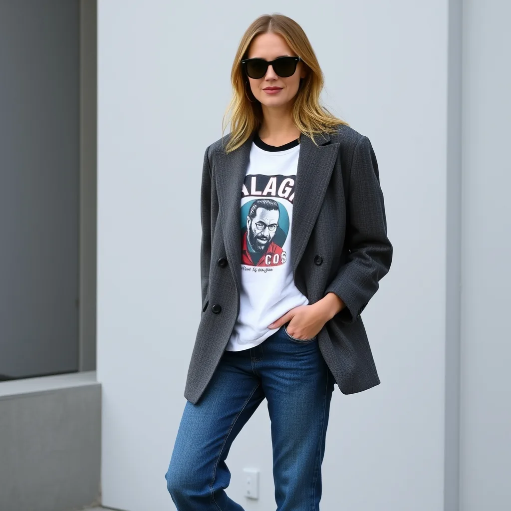 A woman wears a structured oversized blazer over a casual t shirt and loose denim. The outfit strikes a balance between professional and comfortable.