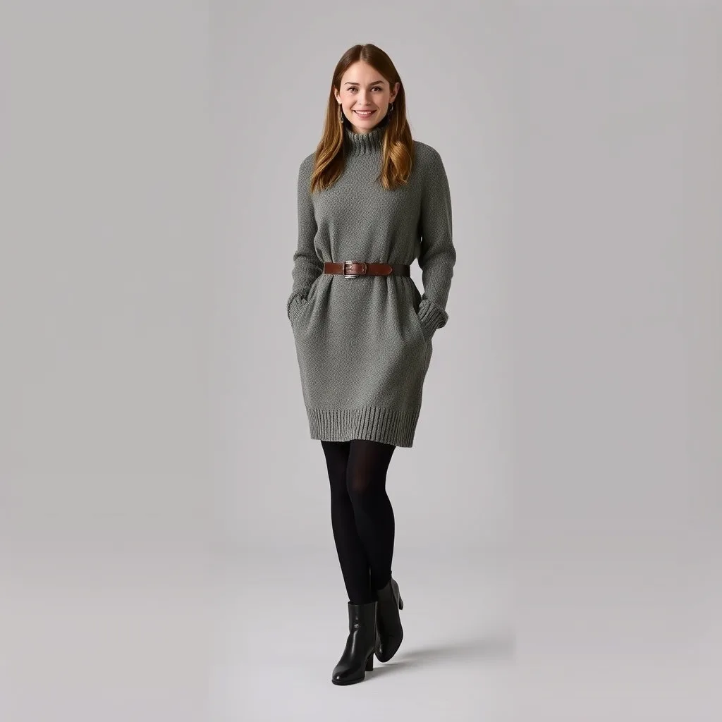 The subject wears a sweater dress cinched at the waist with a belt. The outfit is both warm and flattering for everyday campus wear.