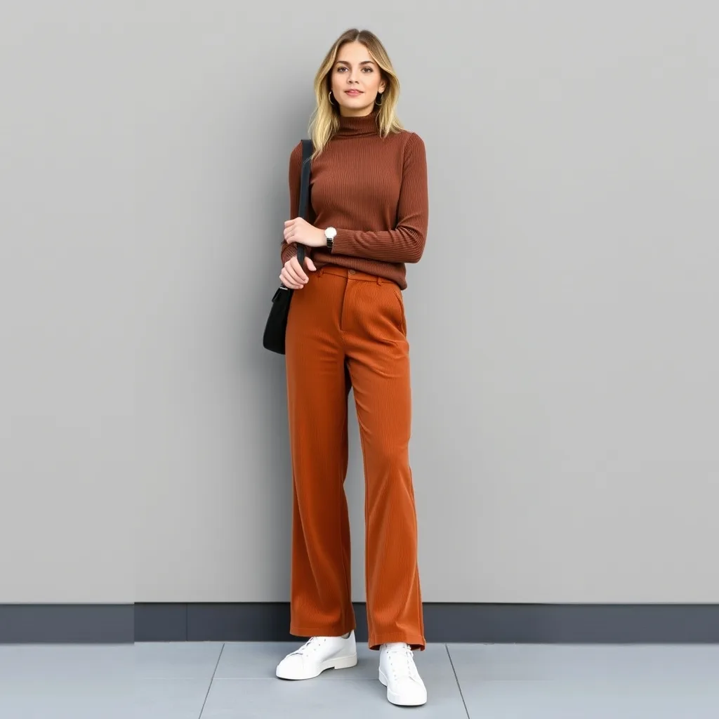 A woman wears textured corduroy trousers with a sleek mock neck shirt. The outfit provides a mix of soft comfort and structured style for long study sessions.