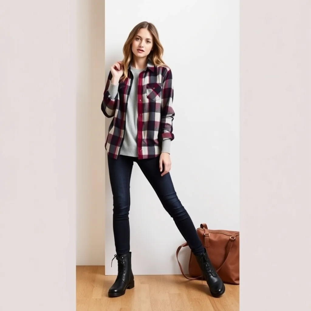 A woman wears a layered plaid flannel shirt over a thermal top with dark denim and combat boots. The look is practical and warm for outdoor campus transit.