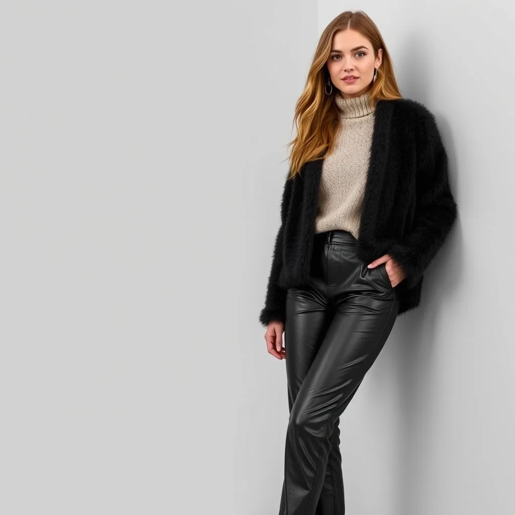 The subject wears sleek faux leather pants paired with a soft textured cardigan. The contrast between the smooth trousers and fuzzy knit is both stylish and warm.