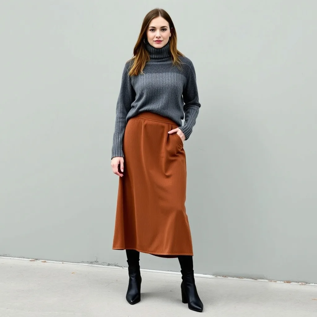 A woman wears a long wool skirt and a bulky turtleneck sweater. The combination offers a sophisticated and warm look for winter campus life.