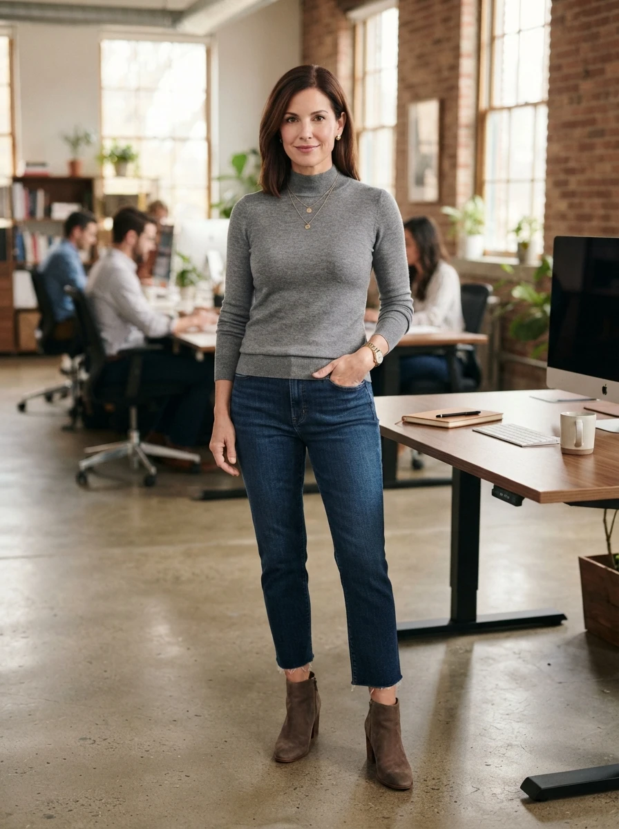 A woman in a grey mock neck sweater and cropped blue jeans with suede booties in a workspace.