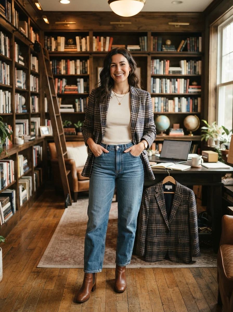 A woman wearing a plaid blazer over a solid top and relaxed fit jeans in an office.