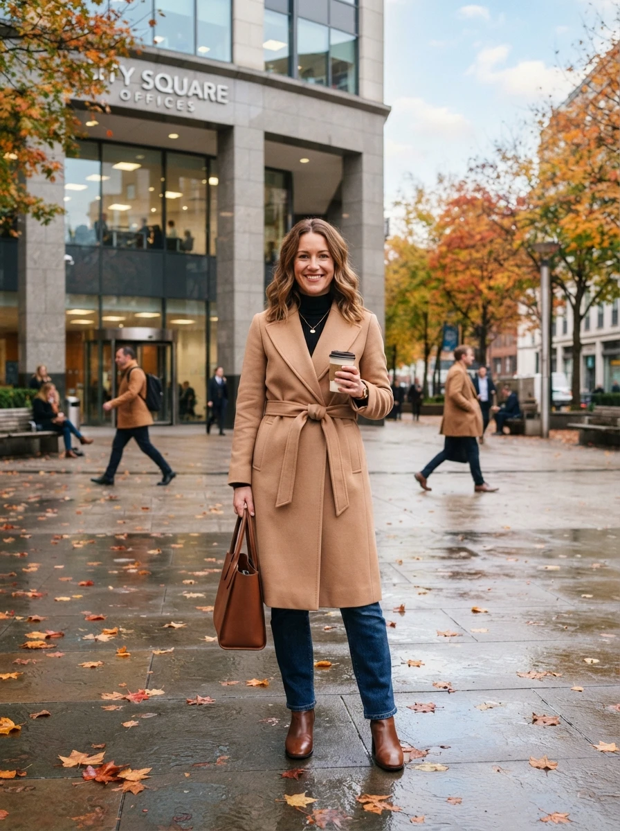 A woman in a belted camel wrap coat over dark blue jeans standing outside an office building.