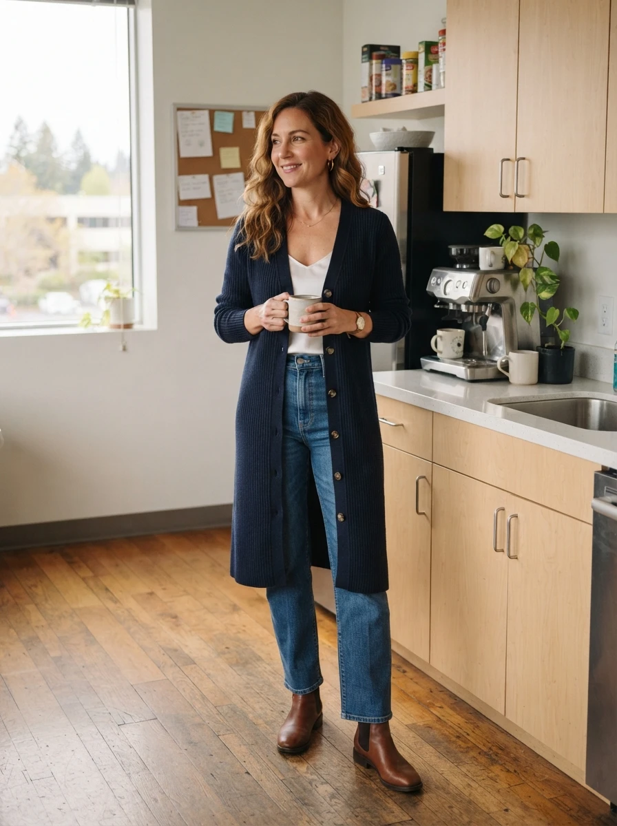 A woman wearing a long ribbed cardigan and straight leg jeans in an office kitchen.