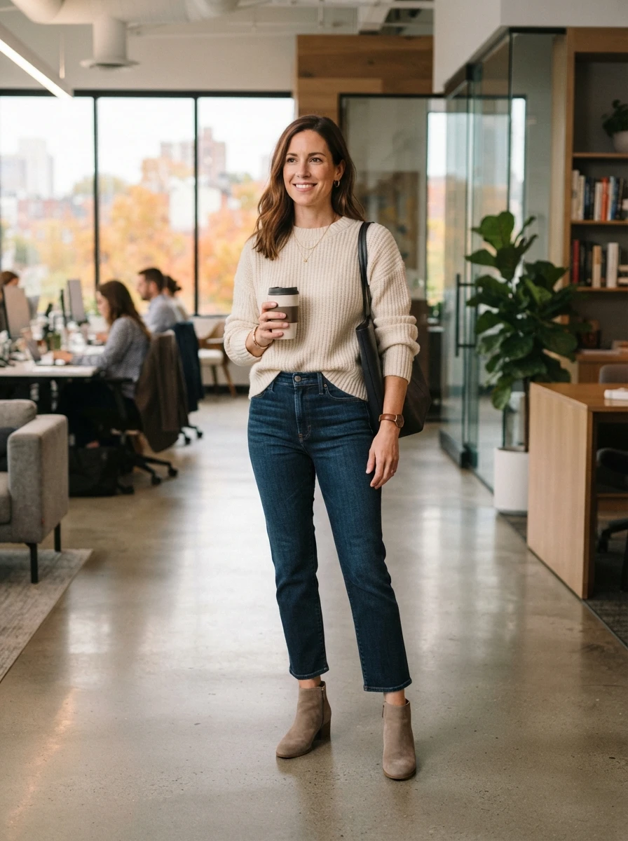 A woman wearing cropped blue jeans and suede ankle boots in a modern office.