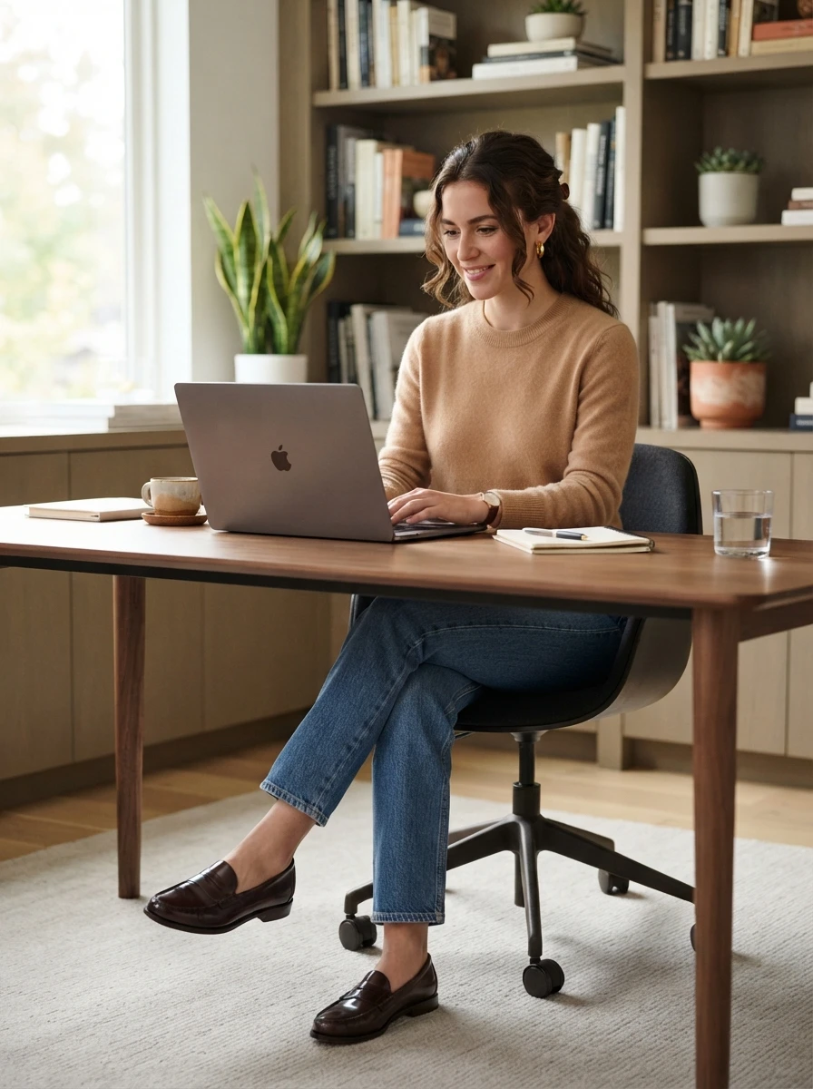 A woman in a camel cashmere sweater and straight leg jeans sitting at a desk with a pair of loafers visible.