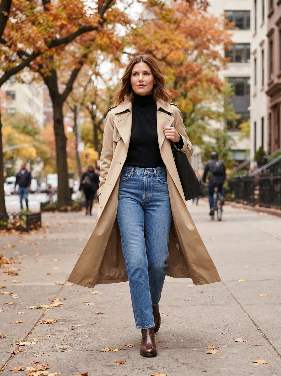 A woman wearing a beige trench coat over a black turtleneck and blue jeans walking in a city during autumn.