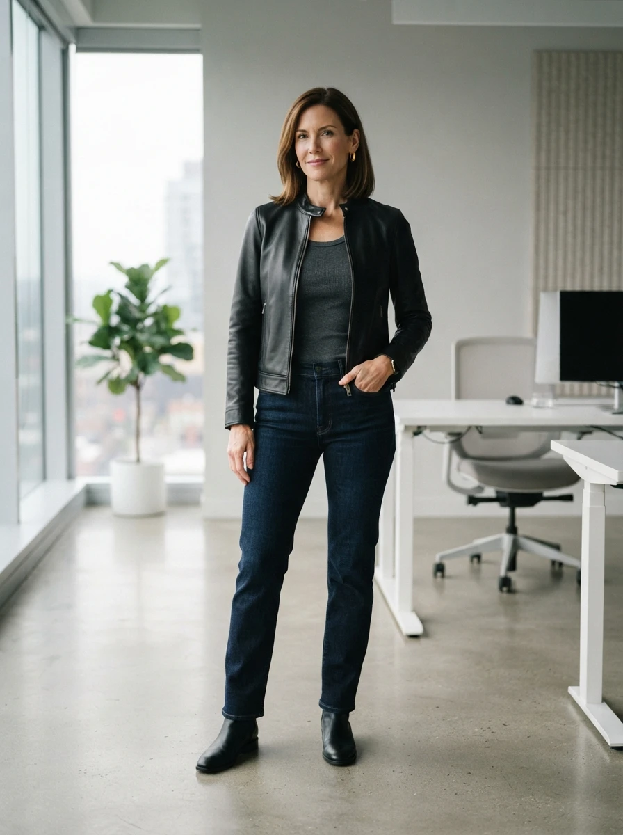 A woman wearing a black leather jacket over a ribbed top and dark blue jeans in a modern office.